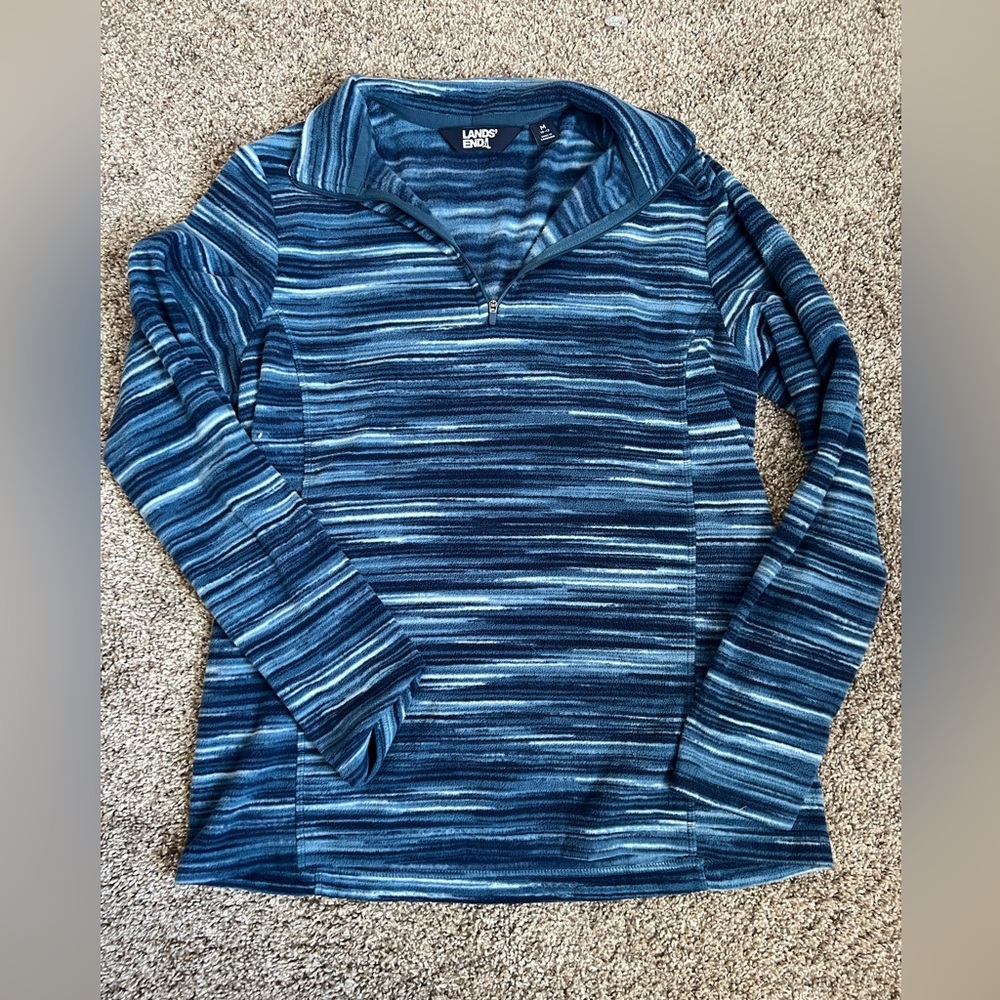 Lands' End Navy Striped Fleece Pullover